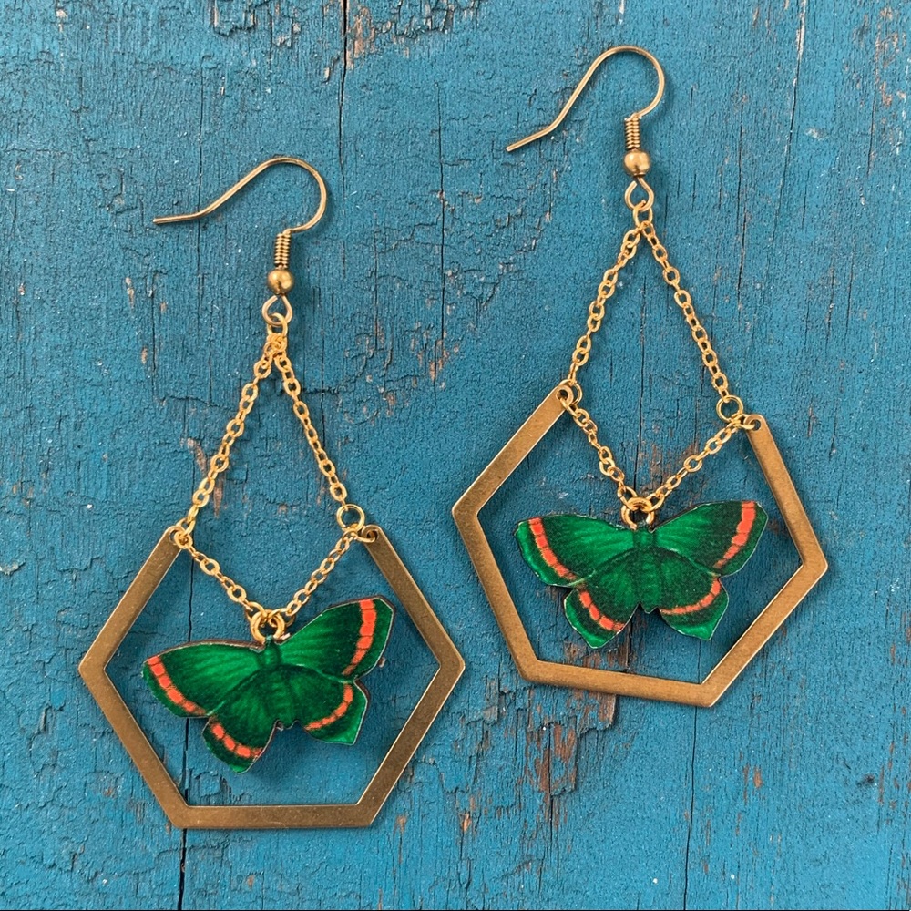 Handmade butterfly earrings with geometric brass
